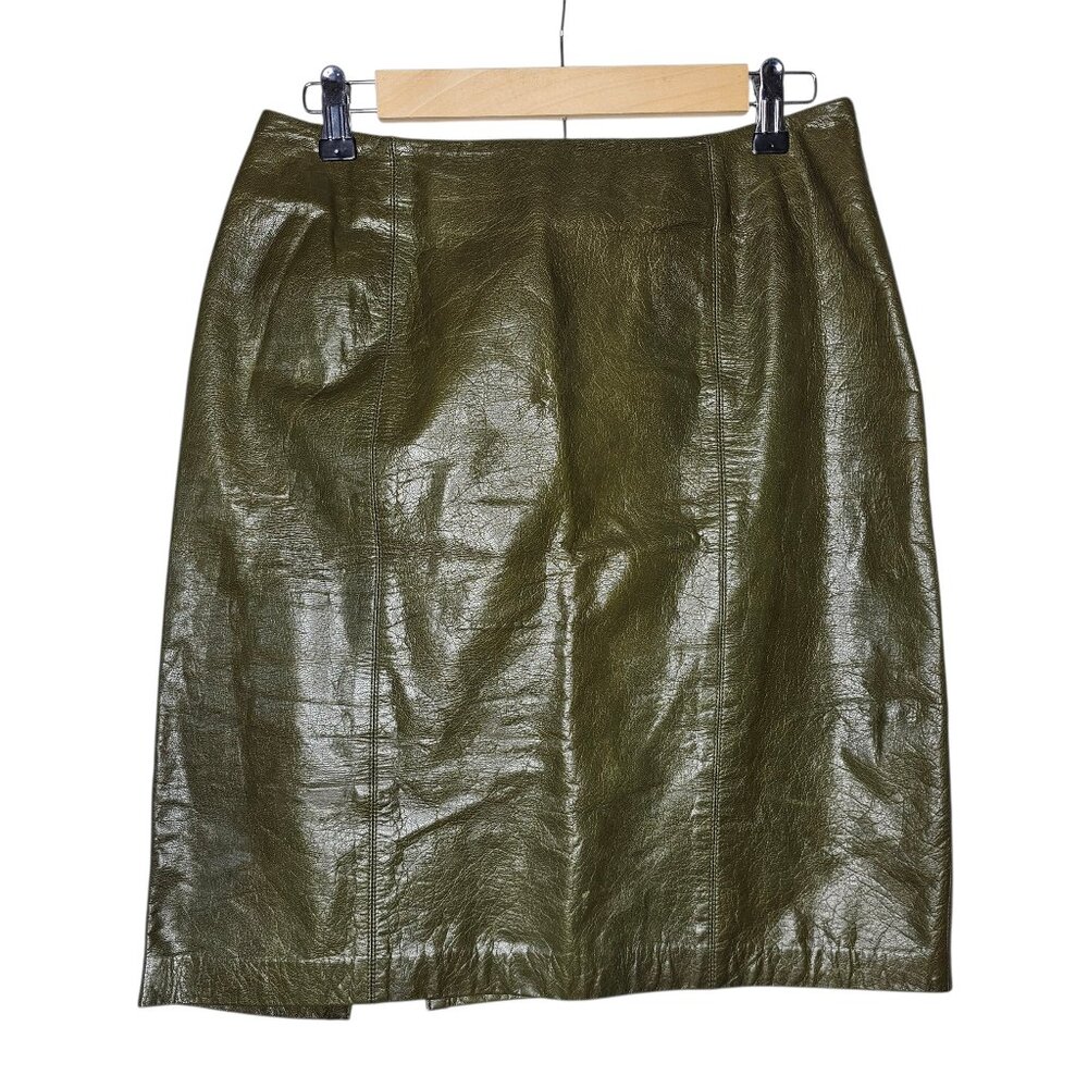 VTG Linda Allard EllenTracy 100% Leather Mini Skirt Olive Green 80s Petite 10